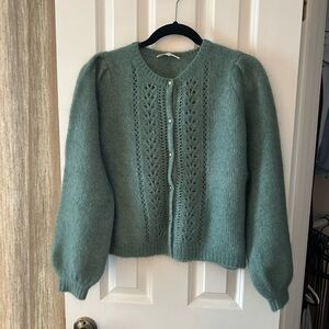 Sezane Peacock Blue Green Knit Cardigan